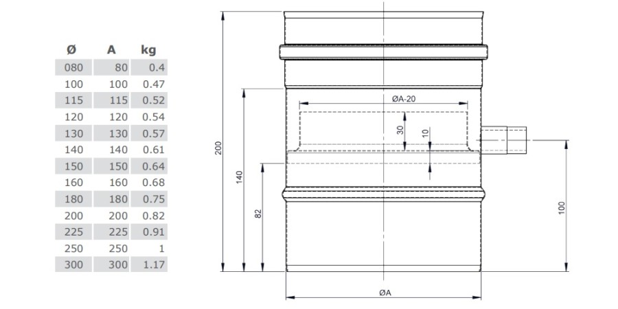 Vorschau: Längenelement 200 mm mit Kondensatfalle - einwandig - Tecnovis TEC-EW-SILVER