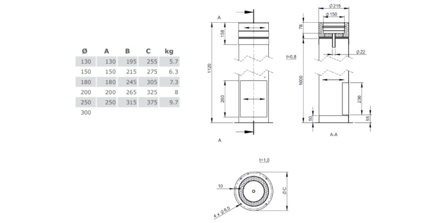 Vorschau: Teleskopstütze 610-1190 mm inkl. Teleskopkopf mit Kondensatablauf und Tür - doppelwandig - Tecnovis TEC-DW-Design