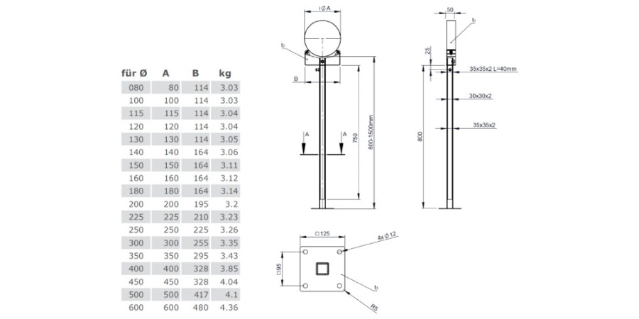 Vorschau: Unterstützung verstellbar 800 - 1500 mm - einwandig - Tecnovis TEC-EW-Classic