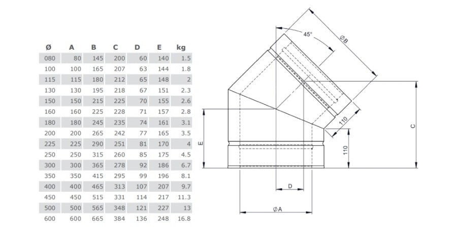 Vorschau: Winkel 45° starr - doppelwandig - Tecnovis TEC-DW-Classic