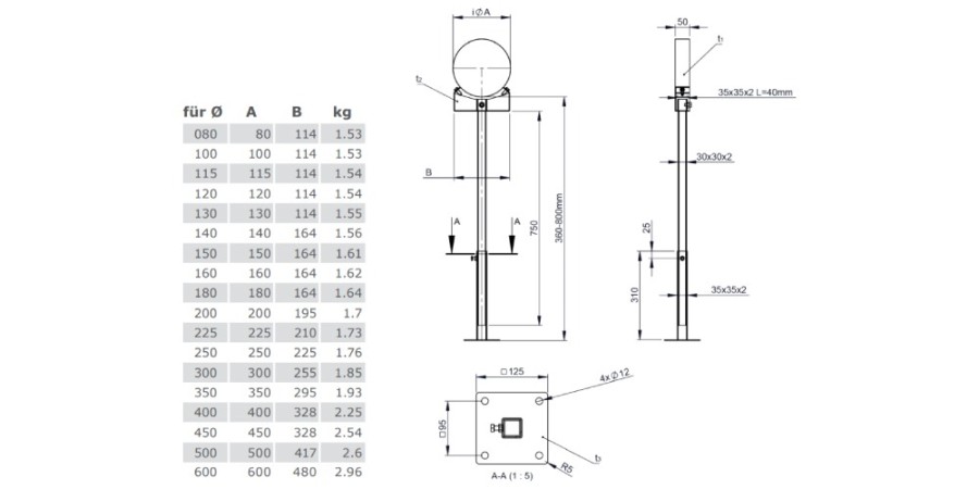 Vorschau: Unterstützung verstellbar 360 - 800 mm - einwandig - Tecnovis TEC-EW-Classic