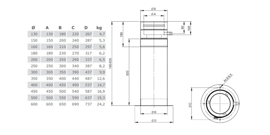 Vorschau: Teleskopstütze 190 - 630 mm inkl. Teleskopkopf - doppelwandig - Tecnovis-TEC-DW-Standard