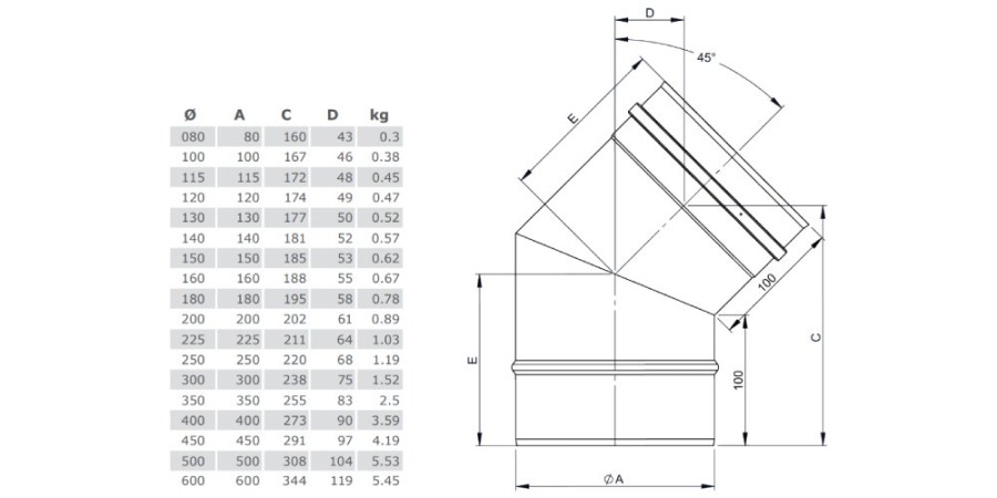 Vorschau: Winkel 45° starr - einwandig - Tecnovis TEC-EW-Classic