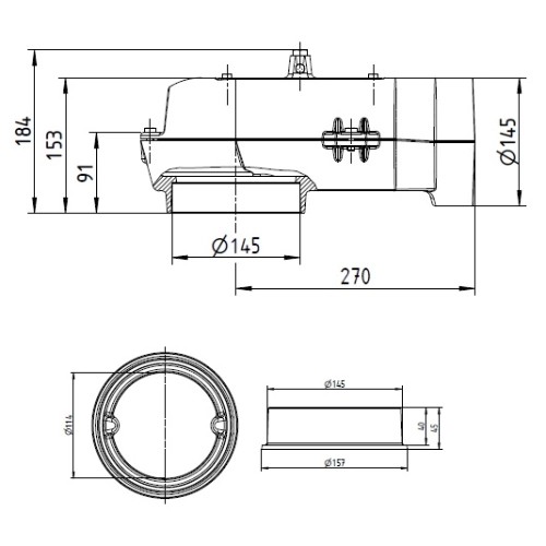 Kaminzubehör Leda - Waagerechter Guss-Heizgasstutzen Ø 145/145 mm+Rohrstutzen Ø145 mm