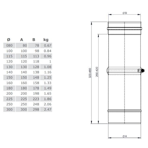 Vorschau: Schiebeelement für Verbindungsleitung 320 - 460 mm - einwandig - Tecnovis TEC-EW-SILVER