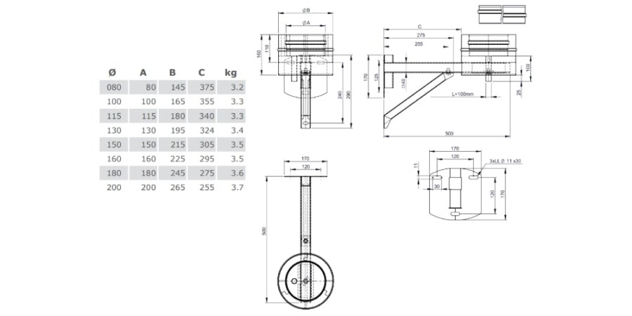 Vorschau: Grundplatte rund mit Kondensatablauf unten und Halterung verstellbar bis 200 mm - Tecnovis TEC-DW-Classic