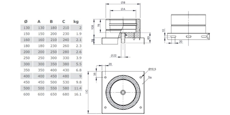 Vorschau: Grundplatte mit Kondensatablauf unten und 1/2“ Nippel - doppelwandig - TEC-DW-Standard